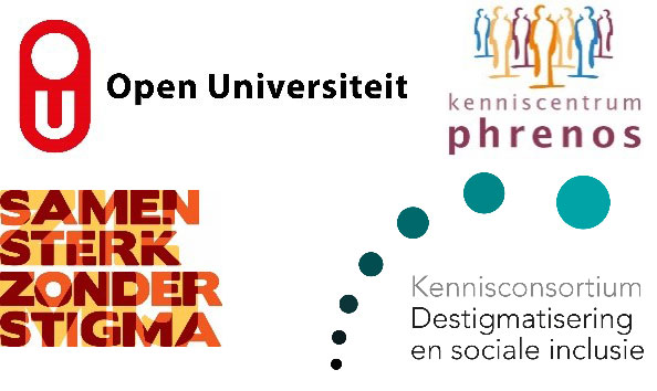 (Logo's van) Open Universiteit, Samen Sterk Zonder Stigma, Kenniscentrum Phrenos en het Kennisconsortium Destigmatisering en sociale inclusie