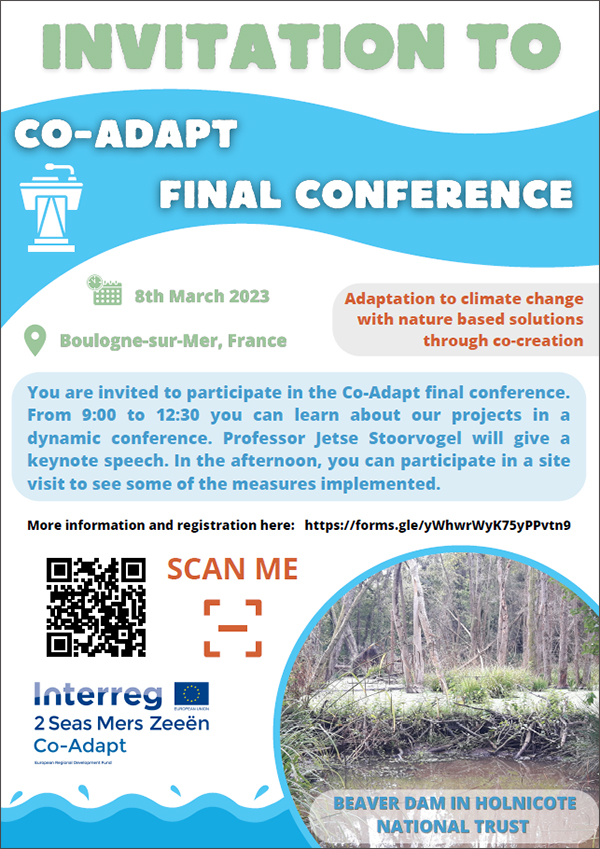 Invitation to Co-adapt final conference march 2023 in Boulogne-sur-Mer, France, met scanbare QR-code voor meer informatie